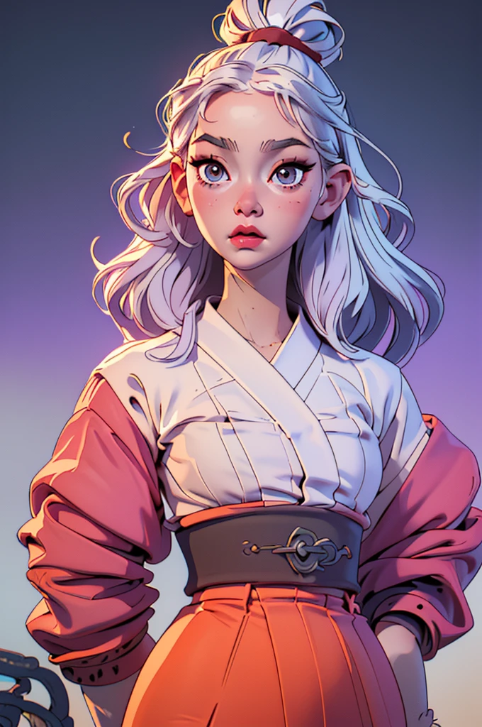 (best quality)), ((masterpiece)), (Very detailed: 1.3),{(Japanese young girl)}, White Theme, (Wear scarlet hakama:1.2), Wear anime witch costume,Ultra HD 16k,White hair, Red iris, Big, bright black eyes, Long eyelashes, Small, pale natural lips, (Average face of Japanese idol), (日本人特有的baby face:1.3), (baby face), Wide forehead:1.2, Plump cheeks, Small chin, Lateral breasts are pronounced,Looking at the audience,Focus on the eyes, (Perfect four fingers, 1 thumb),Extra large breasts,Great body
