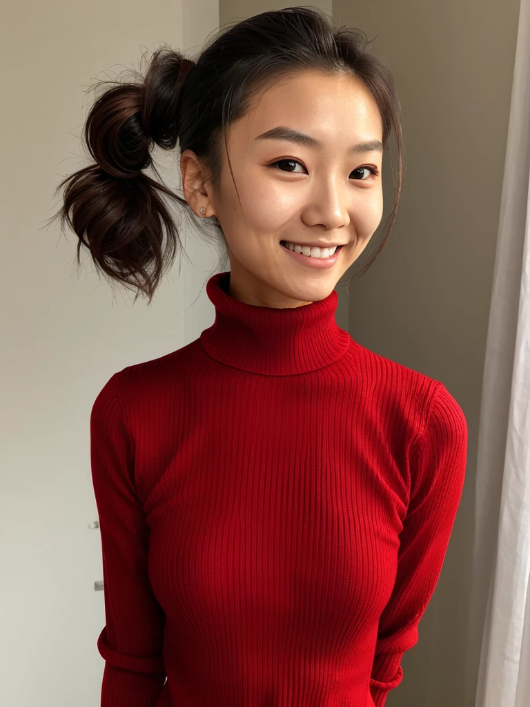 photo of a skinny asian teen  wife messy long hair thrown into a messy bun ponytail. She wears: (turtleneck high ribbed bright tight red sweater:1.1),   pose, high tight ribbed neck,  smile, perfect fake tits, turtleneck top