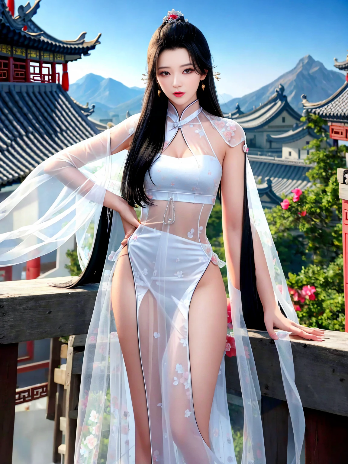 
Top quality, masterpiece, high resolution, Chinese,，，，mountain peak，,The Peak,,,,,,Rooftop,,,,,,,,，stand ，,1girl, charming appearance and personality, big body, extremely , ，，，，Floral print ，， ，Floral print，， Light yellow floral fragments，，( ), large hollow , beautiful and delicate face, (desire figure) perfect slim figure ( slip: 0.5), perfect white skin，stand ，，Smooth black long hair，，，，Black Hair

