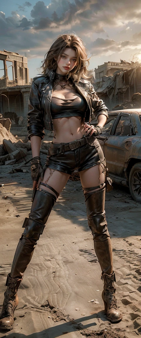 ((Masterpiece, of the highest quality, Maximum image quality, high resolution, photorealistic, photo and gross, 8k)), ((Extremely detailed 8k unified CG wallpaper)), (huge shot of stunning goddess, Very hot and sexy, Amazing beauty, perfect proportions, beautiful body, Slim body beauty:1.4), post-apocalyptic wasteland, The world of Mad Max, she wears a leather jacket over her bare skin and holds a shotgun, He has harnesses and bandages all over his body.., Stand with your hands on your hips and your legs apart.., Amazons, Symbol of power, The desert swallows the collapsed buildings, (Ruins covered in dust and sand:1.3), ((dynamic compositions)),