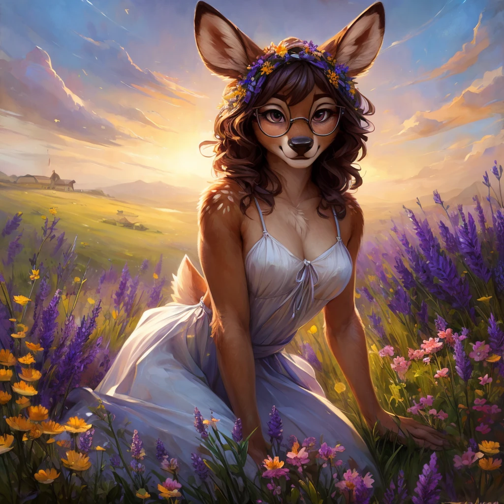 uploaded on e621, watercolor look, by Pixelsketcher, by Bayard Wu, by Thomas Benjamin Kennington , by Einshelm, by hioshiru and kenket, Chunie, portrait, solo anthro female deer doe, with small featureless breasts, clear dark blue, cinematic lighting, day, sunny day, lavender field, stays in a wildflowers field, wildflowers field background, mediterranean background, horizon background, shiny, short curly dark brown hair, wearing big black nerd glasses, very very beautiful furry art, furry art, smiling, joyful, shiny, happy, feminine, cute face, muzzle, fluffy chest, flawless face, Fallow deer, 1girl, Sakimichan is beautiful, Masterpiece, Wavethesallow Face, shiny, Detailed image, portrait, Detailed image, portrait, full body, wearing pure white short spaghetti straps dress, wearing a wildflowers wreath, shiny, realistic face, perfect anatomy, hourglass body, (furry body:1.1), anthropomorphic deer, looks at the viewer, small fluffy tail, detailed background, (cute anatomy:1.1), stands in a wildflowers field