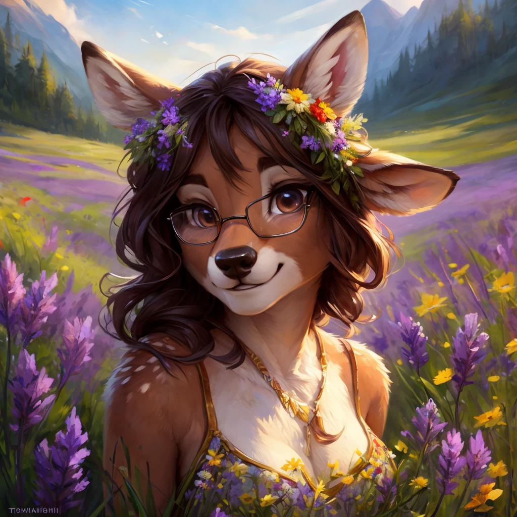 uploaded on e621, watercolor look, by Pixelsketcher, by Bayard Wu, by Thomas Benjamin Kennington , by Einshelm, by hioshiru and kenket, Chunie, portrait, solo anthro female deer doe, with small featureless breasts, clear dark blue, cinematic lighting, day, sunny day, lavender field, stays in a wildflowers field, wildflowers field background, mediterranean background, horizon background, shiny, short curly dark brown hair, wearing big black nerd glasses, very very beautiful furry art, furry art, smiling, joyful, shiny, happy, feminine, cute face, muzzle, fluffy chest, flawless face, Fallow deer, 1girl, Sakimichan is beautiful, Masterpiece, Wavethesallow Face, shiny, Detailed image, portrait, Detailed image, portrait, full body, wearing pure white short spaghetti straps dress, wearing a wildflowers wreath, shiny, realistic face, perfect anatomy, hourglass body, (furry body:1.1), anthropomorphic deer, looks at the viewer, small fluffy tail, detailed background, (cute anatomy:1.1), stands in a wildflowers field