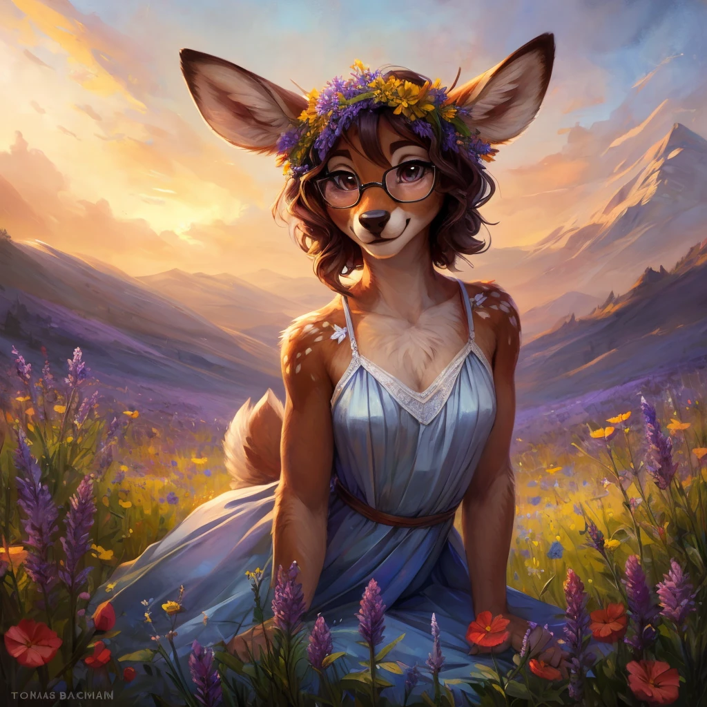 uploaded on e621, watercolor look, by Pixelsketcher, by Bayard Wu, by Thomas Benjamin Kennington , by Einshelm, by hioshiru and kenket, Chunie, portrait, solo anthro female deer doe, with small featureless breasts, clear dark blue, cinematic lighting, day, sunny day, lavender field, stays in a wildflowers field, wildflowers field background, mediterranean background, horizon background, shiny, short curly dark brown hair, wearing big black nerd glasses, very very beautiful furry art, furry art, smiling, joyful, shiny, happy, feminine, cute face, muzzle, fluffy chest, flawless face, Fallow deer, 1girl, Sakimichan is beautiful, Masterpiece, Wavethesallow Face, shiny, Detailed image, portrait, Detailed image, portrait, full body, wearing pure white short spaghetti straps dress, wearing a wildflowers wreath, shiny, realistic face, perfect anatomy, hourglass body, (furry body:1.1), anthropomorphic deer, looks at the viewer, small fluffy tail, detailed background, (cute anatomy:1.1), stands in a wildflowers field