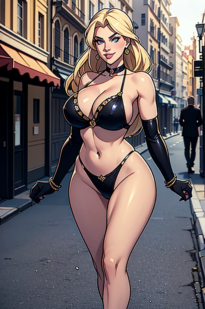 A beautiful blonde haired blue eyed woman resembling like Anna Nicole Smith, 21 years old, with an extremely humongous bust, wearing black tight bikini, smiling, seductive and walking through the streets of Lyon, photorealistic, 8k, highly detailed, dramatic lighting, cinematic composition, elegant fashion, glamorous, intricate details, hyper realistic