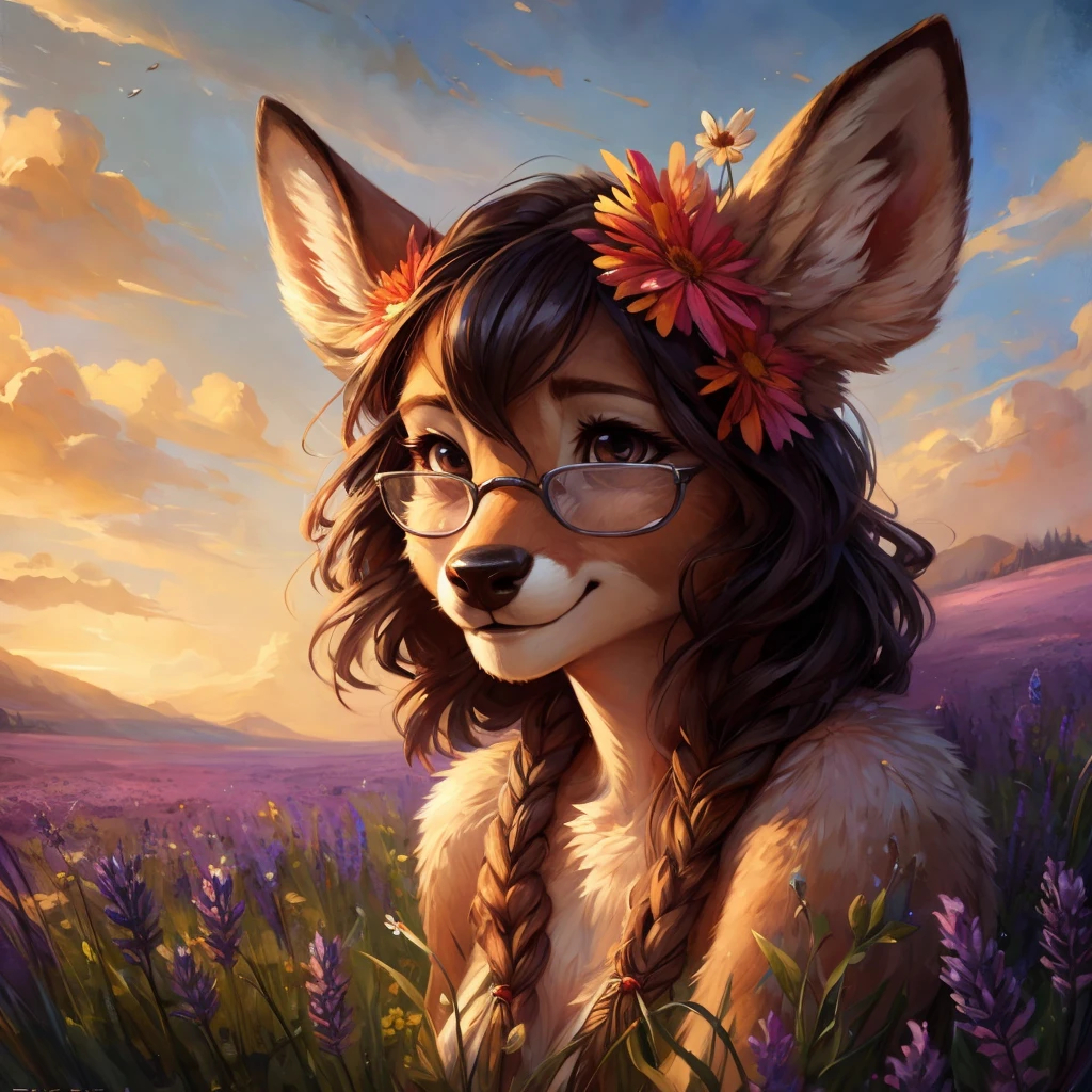 uploaded on e621, watercolor look, by Pixelsketcher, by Bayard Wu, by Thomas Benjamin Kennington , by Einshelm, by hioshiru and kenket, Chunie, portrait, solo anthro female deer doe, with small featureless breasts, clear dark blue, cinematic lighting, day, sunny day, lavender field, stays in a wildflowers field, wildflowers field background, mediterranean background, horizon background, shiny, short curly dark brown hair, wearing big black nerd glasses, very very beautiful furry art, furry art, smiling, joyful, shiny, happy, feminine, cute face, muzzle, fluffy chest, flawless face, Fallow deer, 1girl, Sakimichan is beautiful, Masterpiece, Wavethesallow Face, shiny, Detailed image, portrait, Detailed image, portrait, full body, wearing pure white short spaghetti straps dress, wearing a wildflowers wreath, shiny, realistic face, perfect anatomy, hourglass body, (furry body:1.1), anthropomorphic deer, looks at the viewer, small fluffy tail, detailed background, (cute anatomy:1.1), stands in a wildflowers field