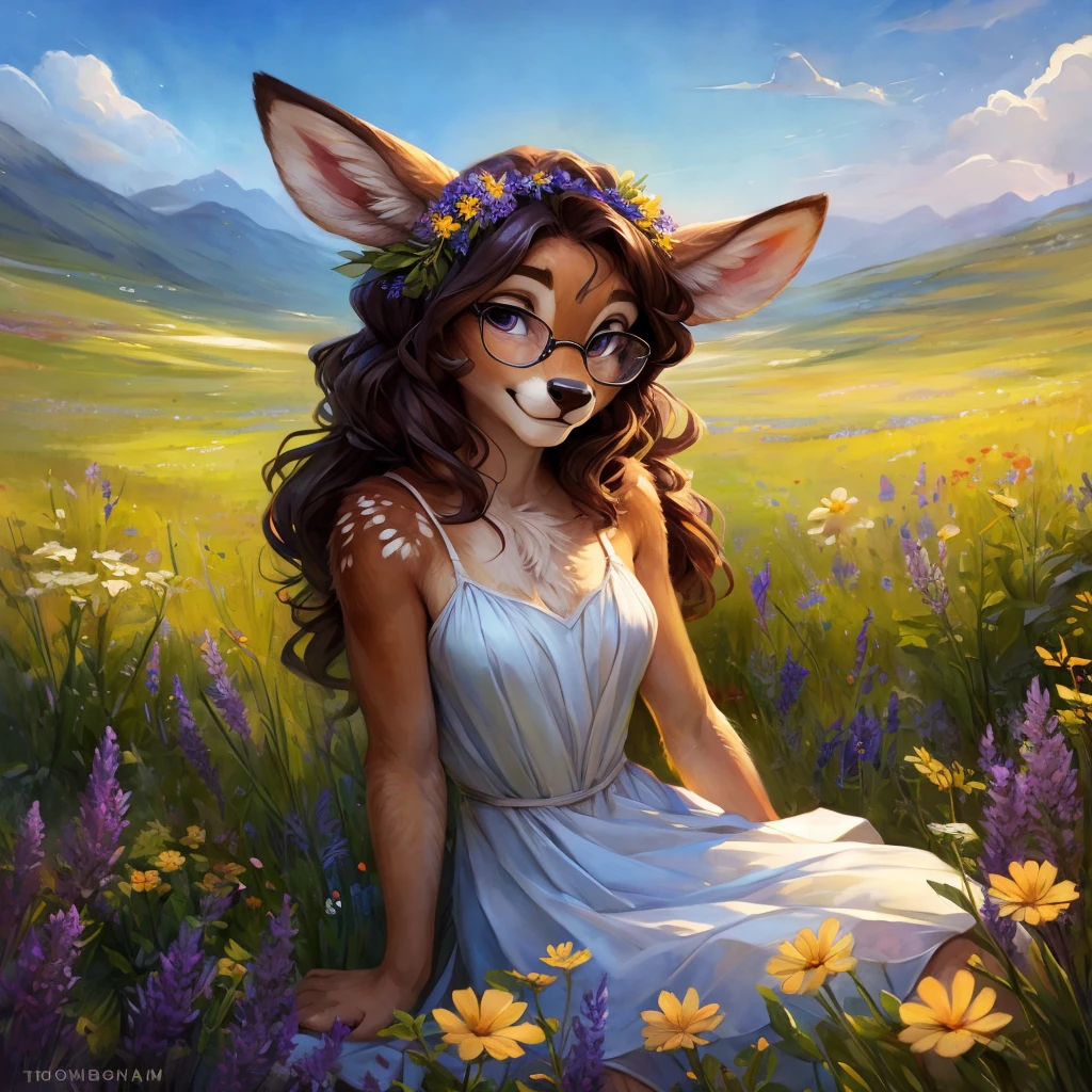 uploaded on e621, watercolor look, by Pixelsketcher, by Bayard Wu, by Thomas Benjamin Kennington , by Einshelm, by hioshiru and kenket, Chunie, portrait, solo anthro female deer doe, with small featureless breasts, clear dark blue, cinematic lighting, day, sunny day, lavender field, stays in a wildflowers field, wildflowers field background, mediterranean background, horizon background, shiny, short curly dark brown hair, wearing big black nerd glasses, very very beautiful furry art, furry art, smiling, joyful, shiny, happy, feminine, cute face, muzzle, fluffy chest, flawless face, Fallow deer, 1girl, Sakimichan is beautiful, Masterpiece, Wavethesallow Face, shiny, Detailed image, portrait, Detailed image, portrait, full body, wearing pure white short spaghetti straps dress, wearing a wildflowers wreath, shiny, realistic face, perfect anatomy, hourglass body, (furry body:1.1), anthropomorphic deer, looks at the viewer, small fluffy tail, detailed background, (cute anatomy:1.1), stands in a wildflowers field
