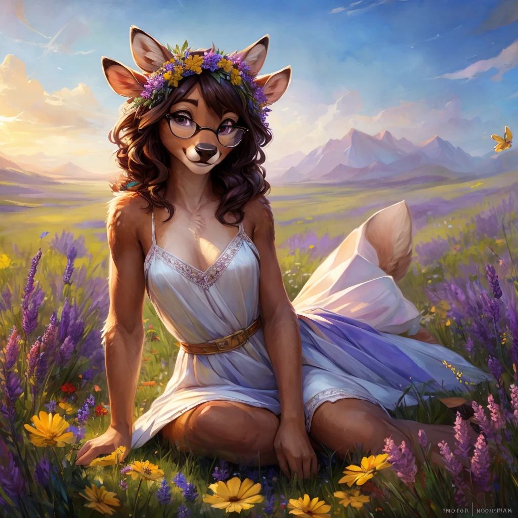 uploaded on e621, watercolor look, by Pixelsketcher, by Bayard Wu, by Thomas Benjamin Kennington , by Einshelm, by hioshiru and kenket, Chunie, portrait, solo anthro female deer doe, with small featureless breasts, clear dark blue, cinematic lighting, day, sunny day, lavender field, stays in a wildflowers field, wildflowers field background, mediterranean background, horizon background, shiny, short curly dark brown hair, wearing big black nerd glasses, very very beautiful furry art, furry art, smiling, joyful, shiny, happy, feminine, cute face, muzzle, fluffy chest, flawless face, Fallow deer, 1girl, Sakimichan is beautiful, Masterpiece, Wavethesallow Face, shiny, Detailed image, portrait, Detailed image, portrait, full body, wearing pure white short spaghetti straps dress, wearing a wildflowers wreath, shiny, realistic face, perfect anatomy, hourglass body, (furry body:1.1), anthropomorphic deer, looks at the viewer, small fluffy tail, detailed background, (cute anatomy:1.1), stands in a wildflowers field
