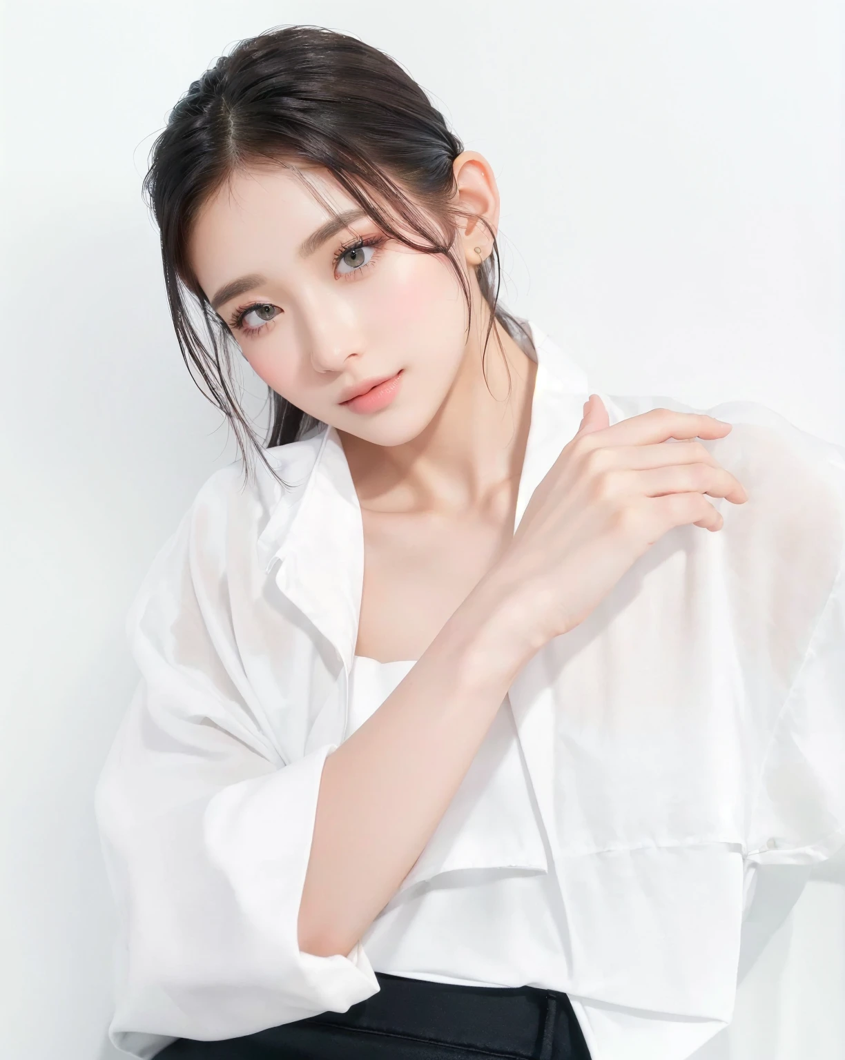 ((Best Quality, 8K, Masterpiece, : 1.3)), Sharp, Sharp, Beauty: 1.2, Perfect Body Beauty: 1.4, Slim Abs: 1.2, ((Layered Hairstyle, Big: 1.2)), Highly Detailed Face and Skin Texture, Detailed Eyes, Double Eyelids, looking at the camera, cute pink tone makeup, stunning, gorgeous, slight smile, clear big eyes, blink eyes