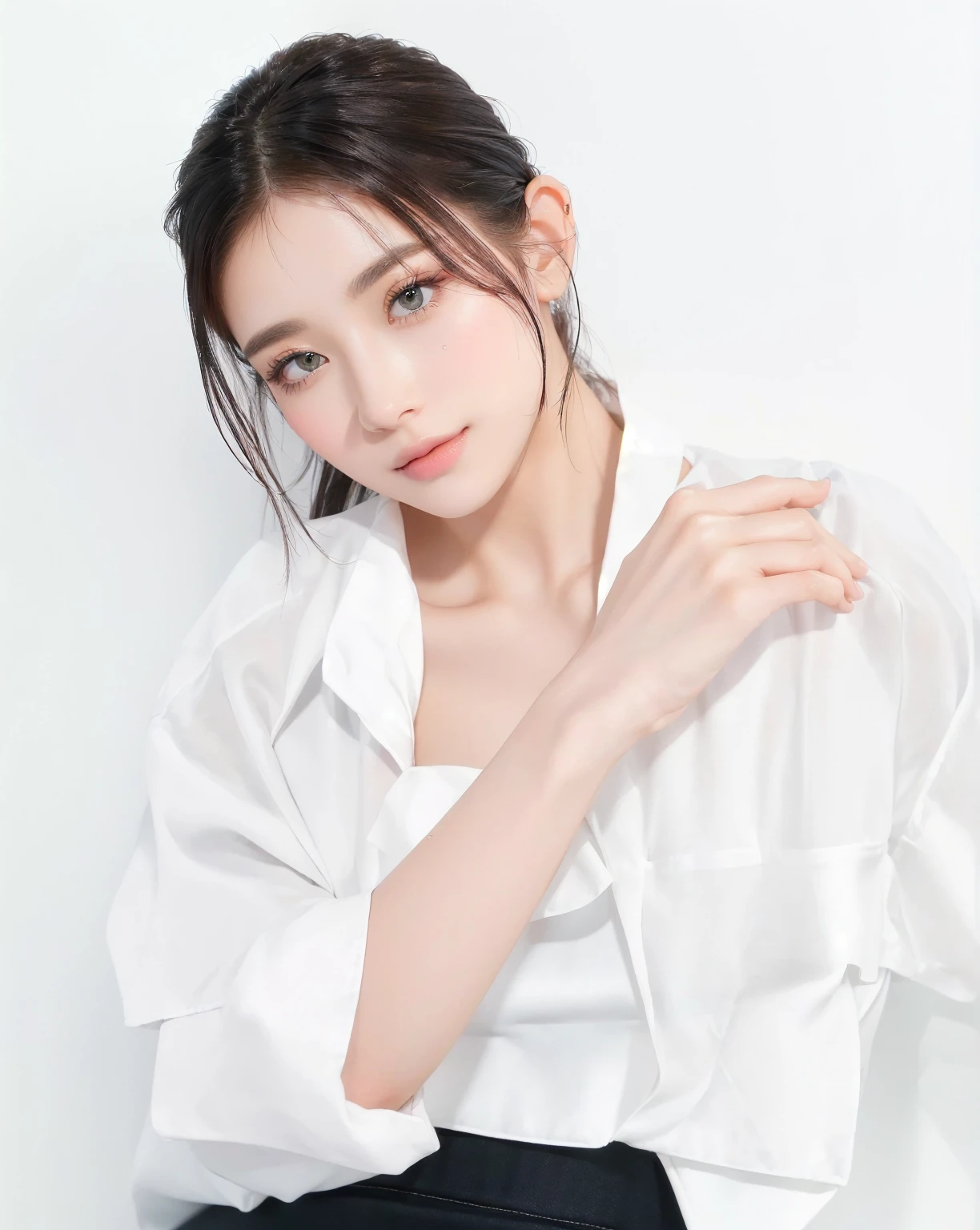 ((Best Quality, 8K, Masterpiece, : 1.3)), Sharp, Sharp, Beauty: 1.2, Perfect Body Beauty: 1.4, Slim Abs: 1.2, ((Layered Hairstyle, Big: 1.2)), Highly Detailed Face and Skin Texture, Detailed Eyes, Double Eyelids, looking at the camera, cute pink tone makeup, stunning, gorgeous, slight smile, clear big eyes, blink eyes