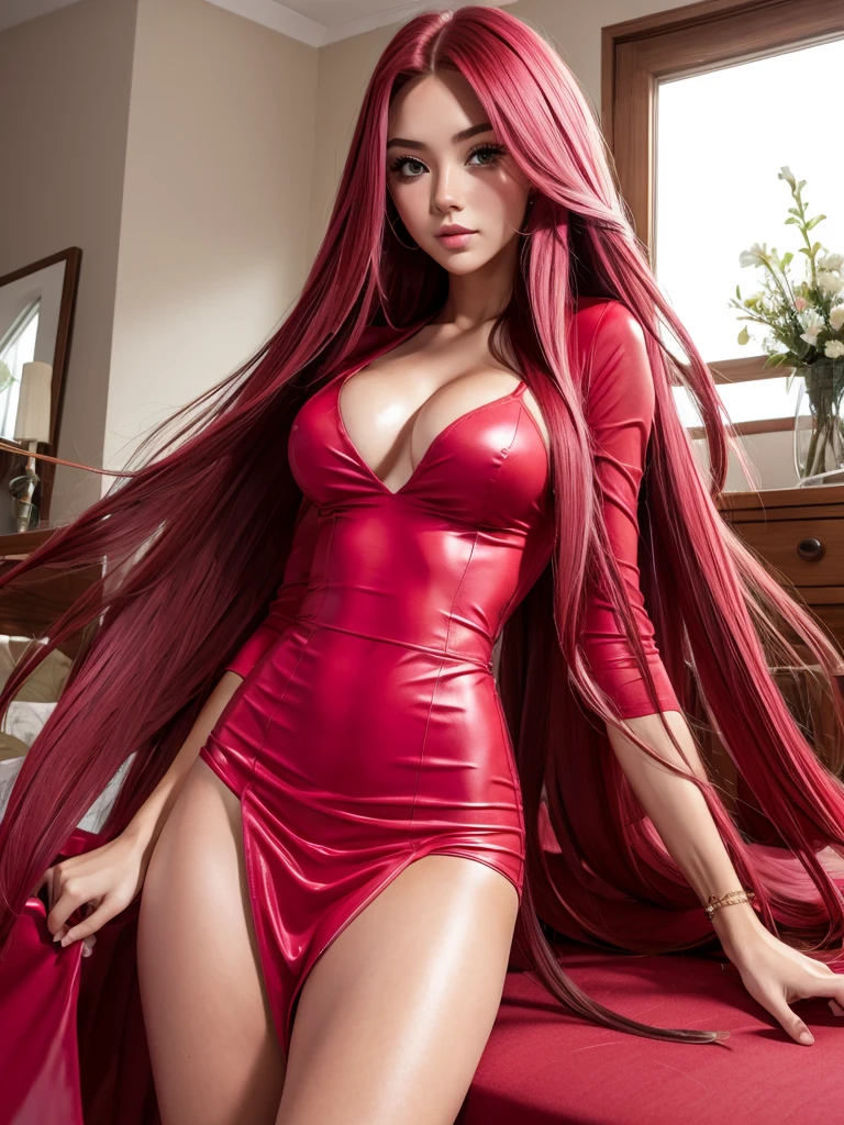beautiful girl pink long hair . sexy red outfit