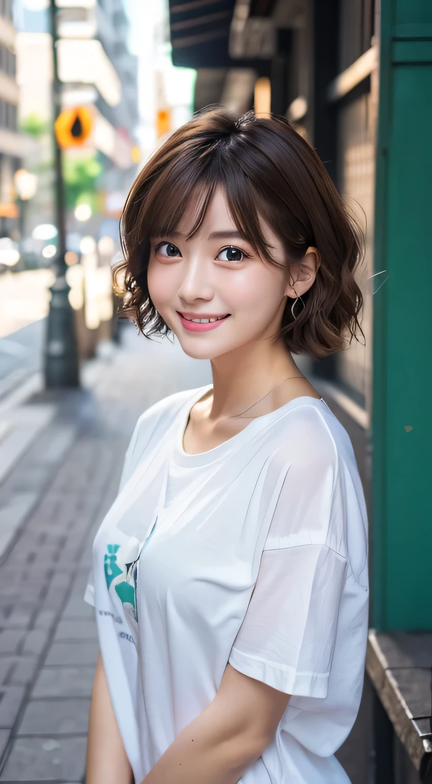 (Highest quality,8K quality,masterpiece:1.3,),(Ultra-high resolution:1.3,Photorealistic:1.4,Raw photo:1.2),(Ultra-detailed:1.2,Glowing Skin,Detailed skin:1.1),(Detailed face,Perfect Anatomy,Caustics:1.2),1 girl,cute,Japanese,22 years old,Japanese Ido,Natural brown hair,Short hair curled outwards,cute目,Natural Makeup,Oversized T-shirt,Laughter,Looking into the camera,On the face,Face Focus,Street Corner,Professional Writing,Natural soft light,