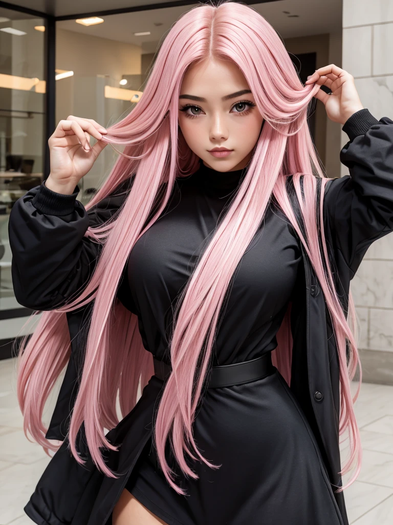 beautiful girl pink long hair . sexy black outfit