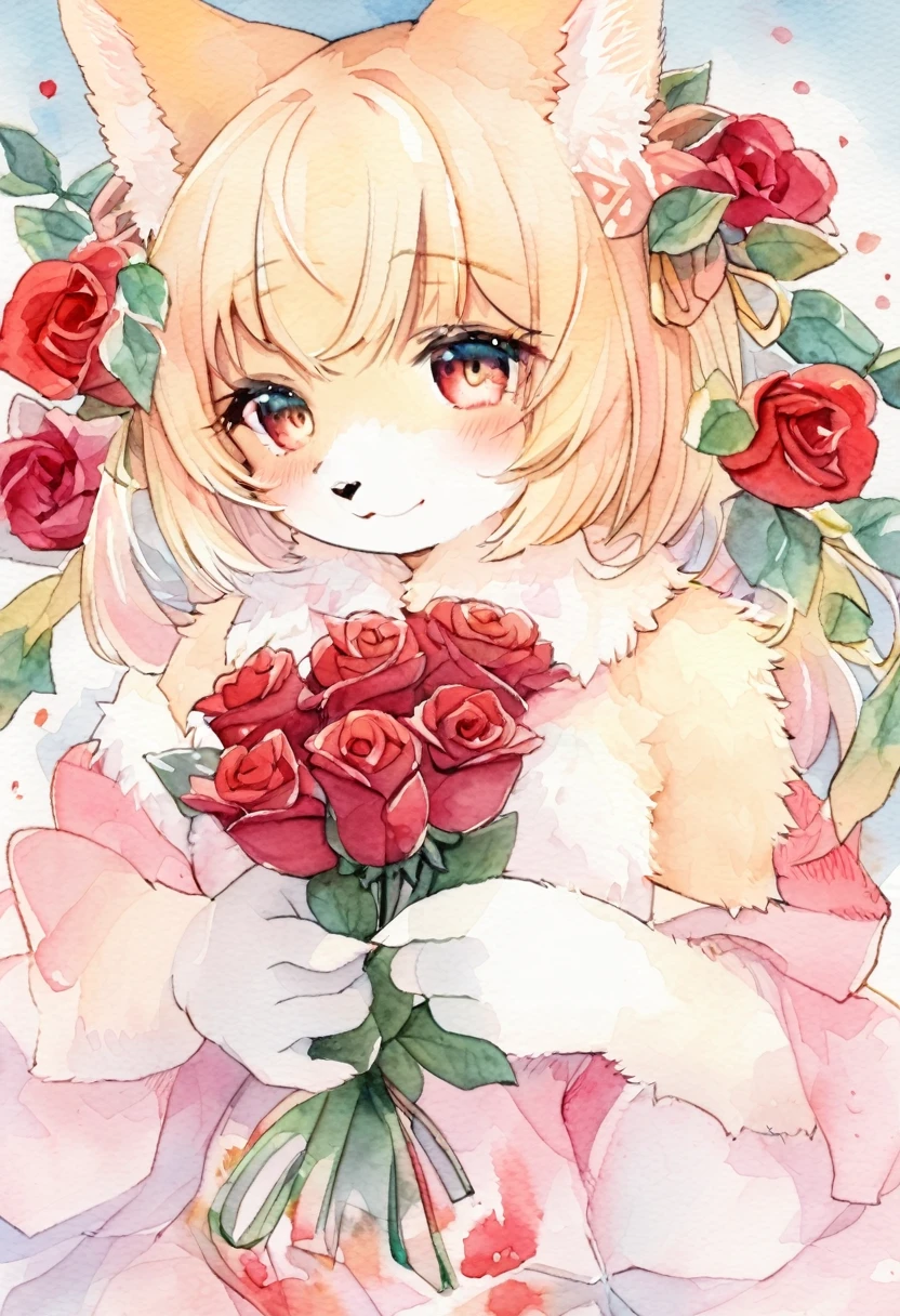 Watercolor elements, 1girl, kemono, furry, detailed body fur, animal face, animal hand, Pretty girl holding a red rose and looking at viewer,