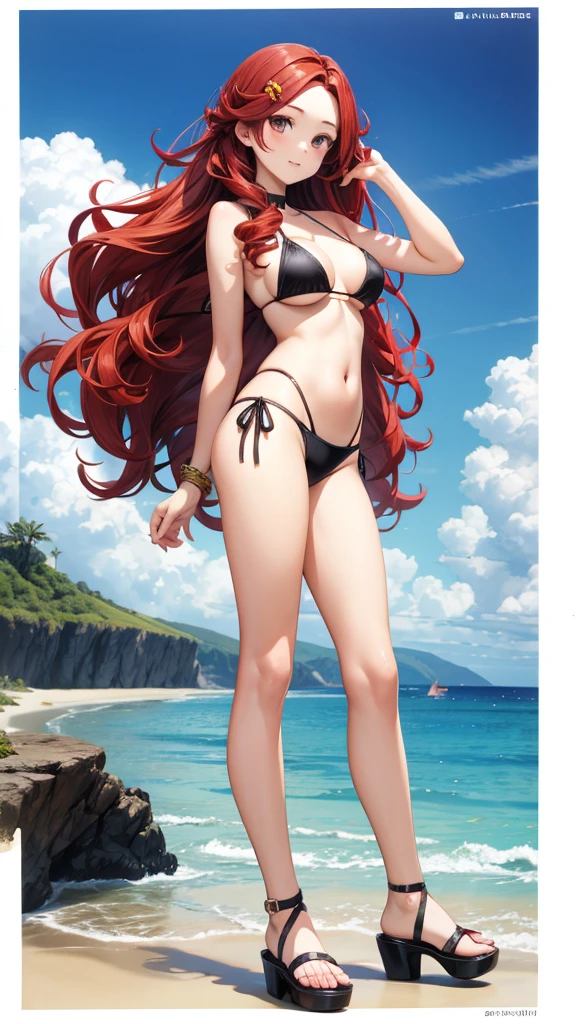 Young woman with long red hair spiral curls,Hairpin,Black bikini,Bare Legs,sandals,Standing,Sea