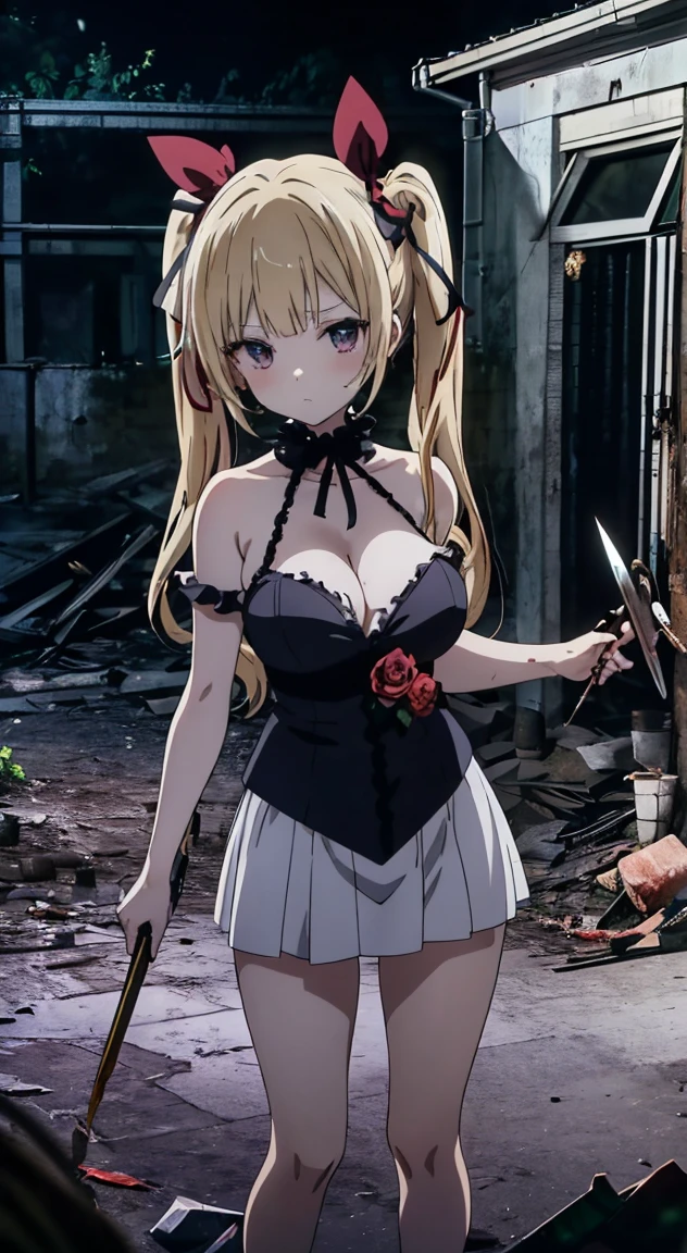 masterpiece, highest quality, (anime screencap:1.3),(shape), cute,(simple:1), (anime:1.2),Solo Sharp Focus, 1 girl, ,looking at the viewer, Japan,nighttime,gold hair,((mini skirt)),Are standing, twin tails,summer ,((Black Gothic Costume)),red ribbon,in the dark gothic,abandoned house,lolita f,gothic bonnet,hair ribbon,cowboy shot,in the nighttime,rainy sky,,(Ruins house1.1),（Abandoned house1.1),large breasts,dark,ceavy rain,（Holding a bloody knife1.1),（bathe in blood1.1),NSFW,