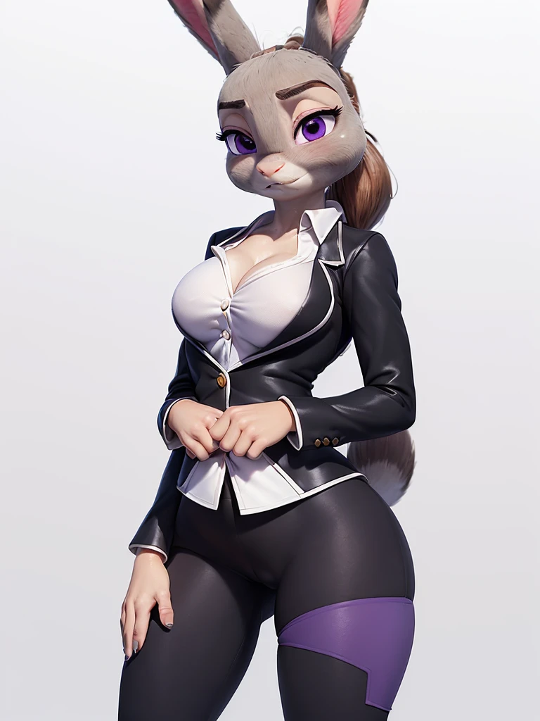 best quality,
masterpiece,
3D anime,
(((solo))),
(((1girl))),
(((Face is JudyHopps))),
(long ears like a rabbit:0.8),
Heir is in a ((ponytail)) style,
bang is feather ((bangs)),
((Her eyes color is purple)),
6.5 head and body,
office suit,
office business suit outfit
 ((office lady)),
 ((white blouse)) unbuttoned,
The lower body is wearing a skirt,
ears are drooping,
Navel exposed,
(outfit is made of wool:1.4),
((body is made of wool fabric)),
((body is gray with fluffy and fluffy)),
((skin is wool fabric with fluffy and fluffy)),
((She is blushing in the cheeks)),
looking embarrassed,
((troubled expression)),

clavicle is emphasized,
clavicle is emphasized