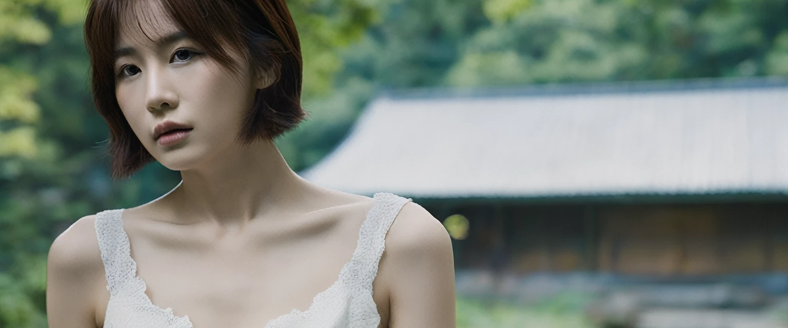 A bust shot of a beautiful young woman in a dark forest. A full-body shot of a beautiful Asian Japanese woman walking through a dark, damp forest, wearing a white dress. The image is captured with a cinema camera (Arri 24-70mm f1.8), creating a bokeh effect. The woman, glowing brightly, is in sharp focus, while the background is artistically blurred, emphasizing depth and a sense of perspective. She has the face of a K-pop idol, a small mole under her right eye, and a cat-like facial structure.