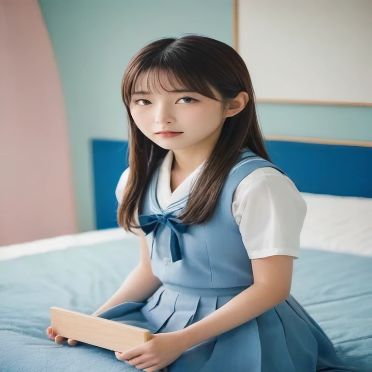 a Japanese young school girl holding a rectangular board, sitting on a blue bed