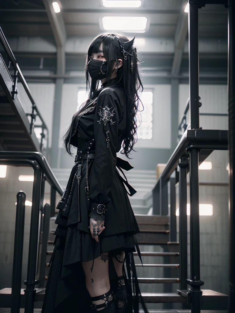 Highest quality、8K、masterpiece:1.3、Gothic Punk、The inside color is red、Black-haired、hair ornaments、Beautiful girl、creative、Dark Fantasy Style、Neogoth、Goth Fashion:1.2、High resolution、masterpiece、Highest quality、頭w:1.3、((Hasselblad Photos))、Fine skin、Sharp focus、(Cinematic lighting)、Realistic textured hair、((Black Mask)),Esbian all over、((View from below))