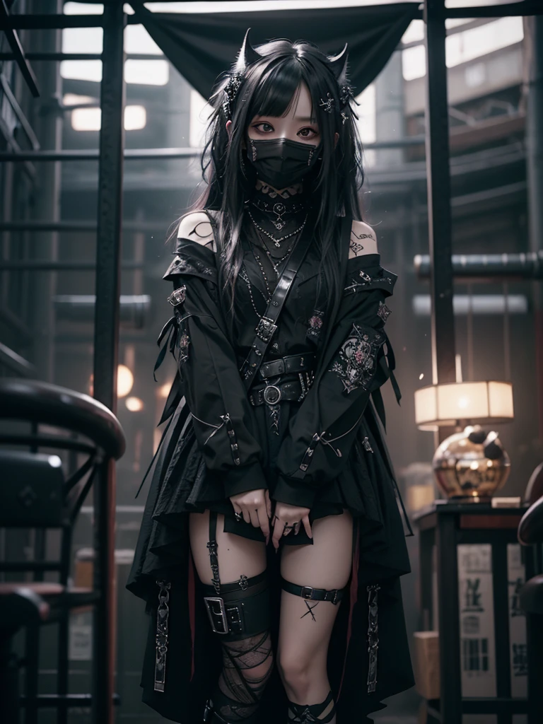 Highest quality、8K、masterpiece:1.3、Gothic Punk、The inside color is red、Black-haired、hair ornaments、Beautiful girl、creative、Dark Fantasy Style、Neogoth、Goth Fashion:1.2、High resolution、masterpiece、Highest quality、頭w:1.3、((Hasselblad Photos))、Fine skin、Sharp focus、(Cinematic lighting)、Realistic textured hair、((Black Mask)),Esbian all over、((View from below))