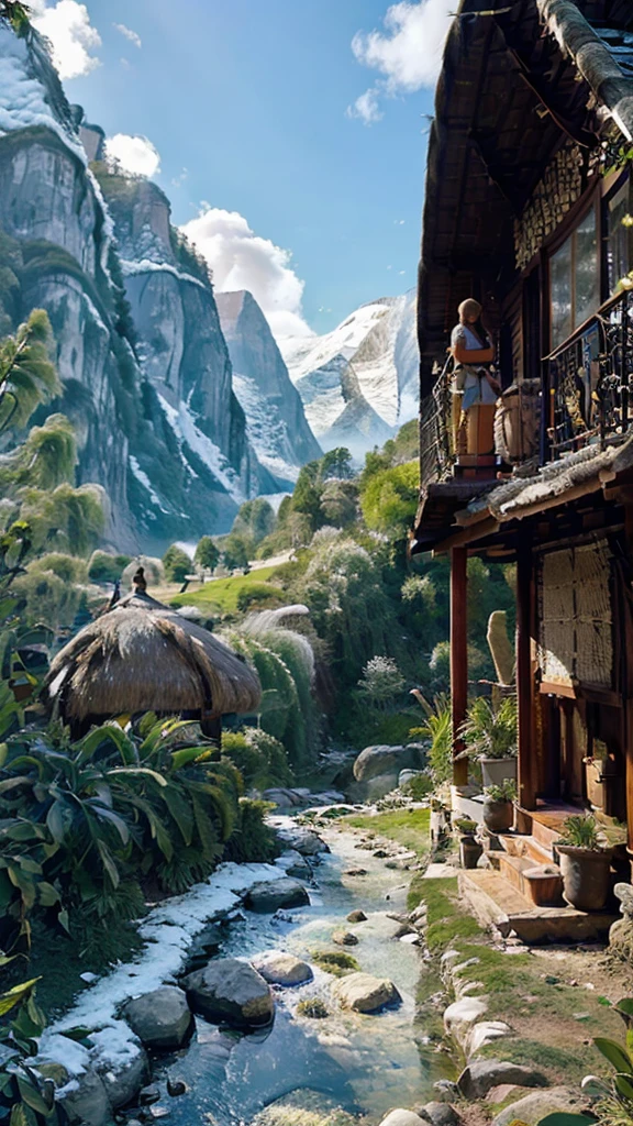 A photorealistic image of a serene landscape in rural India. Lush green forests cover the foothills of majestic snow-capped mountains. A crystal clear river winds through the valley, sparkling in the warm sunlight filtering through wispy clouds. A small, traditional hut with a thatched roof sits peacefully on the riverbank, smoke curling from its chimney.
Additional Details:
Include a variety of tropical plants and flowers in the foreground.
Make the lighting warm and inviting, with the sun casting long shadows in the late afternoon.
Depict the hut in a traditional Indian architectural style, perhaps made of mudbrick or wood.
Optional Details:
You can add a few birds flying overhead or a small animal peeking out from the bushes.
If you want a more specific location, consider mentioning the Himalayas or the Western Ghats mountain ranges.
I hope this helps you create a beautiful and evocative image!
tune
share
more_vert
expand_content
add_photo_alternatephoto_camera
mic
send
Gemini may display inaccurate info, including about people, so double-check its responses. Your privacy and Gemini Apps