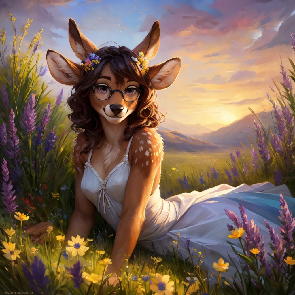 uploaded on e621, watercolor look, by Pixelsketcher, by Bayard Wu, by Thomas Benjamin Kennington , by Einshelm, by hioshiru and kenket, Chunie, portrait, solo anthro female deer doe, with small featureless breasts, clear dark blue, cinematic lighting, day, sunny day, lavender field, stays in a wildflowers field, wildflowers field background, mediterranean background, horizon background, shiny, short curly dark brown hair, wearing big black nerd glasses, very very beautiful furry art, furry art, smiling, joyful, shiny, happy, feminine, cute face, muzzle, fluffy chest, flawless face, Fallow deer, 1girl, Sakimichan is beautiful, Masterpiece, Wavethesallow Face, shiny, Detailed image, portrait, Detailed image, portrait, full body, wearing pure white short spaghetti straps dress, wearing a wildflowers wreath, shiny, realistic face, perfect anatomy, hourglass body, (furry body:1.1), anthropomorphic deer, looks at the viewer, small fluffy tail, detailed background, (cute anatomy:1.1), stands in a wildflowers field
