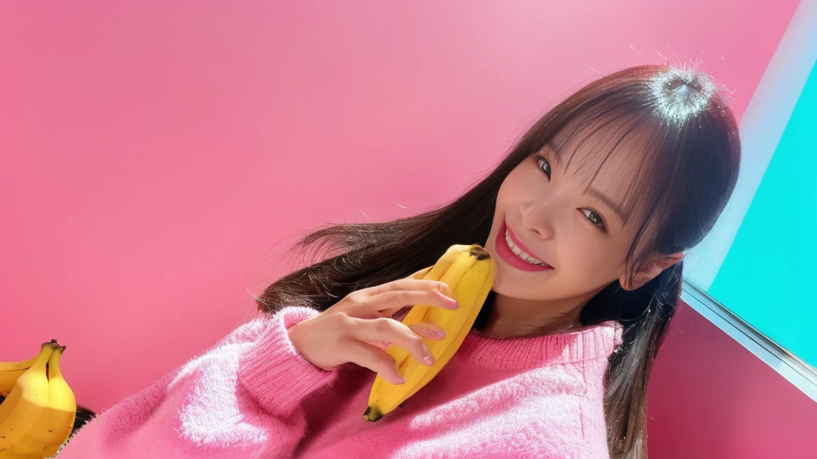 (Delicate face), (different face), (movie lighting), (ray tracing), (studio), (pink background), (textured skin), (4K), (best picture quality), (youthful vitality), (masterpiece), (detail), (full body distance), lively girl holding a banana, smiling at the screen in a different pose