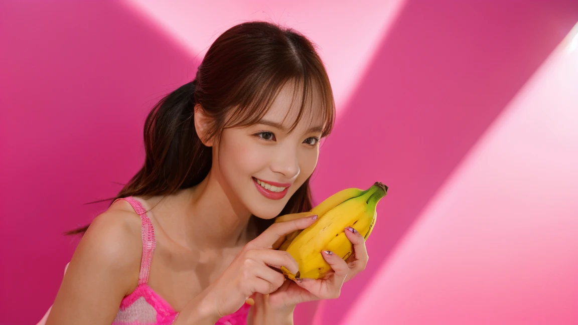 (Delicate face), (different face), (movie lighting), (ray tracing), (studio), (pink background), (textured skin), (4K), (best picture quality), (youthful vitality), (masterpiece), (detail), (full body distance), lively girl holding a banana, smiling at the screen in a different pose
