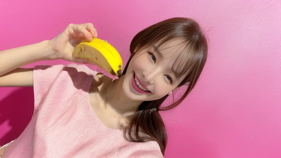 (Delicate face), (different face), (movie lighting), (ray tracing), (studio), (pink background), (textured skin), (4K), (best picture quality), (youthful vitality), (masterpiece), (detail), (full body), lively girl holding a banana, smiling at the screen in a different pose