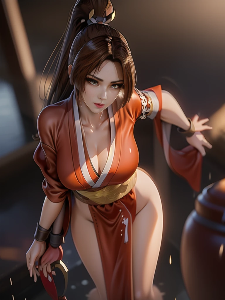 (exquisitely detailed CG unity 8k wallpaper, masterpiece-quality with stunning realism), (best illumination, best shadow), (best quality), (elegant style:1.2), Arti modern anime. angled view, heroic pose, midshot, (cel-shading style:1.3), centered image, ultra detailed closeup portrait of (Mai Shiranui:1) from (King of Fighters), best quality, expressive eyes, perfect face, highres, (ultra details), 1 girl, solo, brown hair, hair ornament, eyeshadow, gold, white and red qipao, highly ornamented, in the city of Japan, portrait, looking at the viewer, piercing eyes, full body, (light from the angle:1) (wind blowing:1.2).(depth of field effects:1.3) (motion action:1.2) (closeup:1.2) (angled closeup photography:1), (motion blur effects:1), wide angles, spreading feet, Thin to transparent,see-through,(((Soggy-kimono:1.2))),Lace fabric, (((water-immersed body: 0.9))), jewelry, relaxing pose, elegant hands, graceful, lady-like
