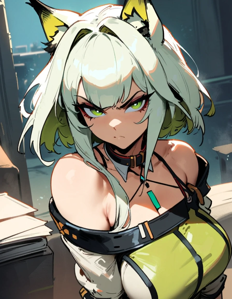 1girl, kal'tsit \(arknights\), arknights \\\\\ masterpiece, best quality, very aesthetic, absurdres, newest \\\\\\ slim body,///// ,by nyantcha,cutesexyrobutts , by khyle,,////// beautiful face, sexy, serious, angry, green eyes, animal ears, big tits, solo,assasin outfit