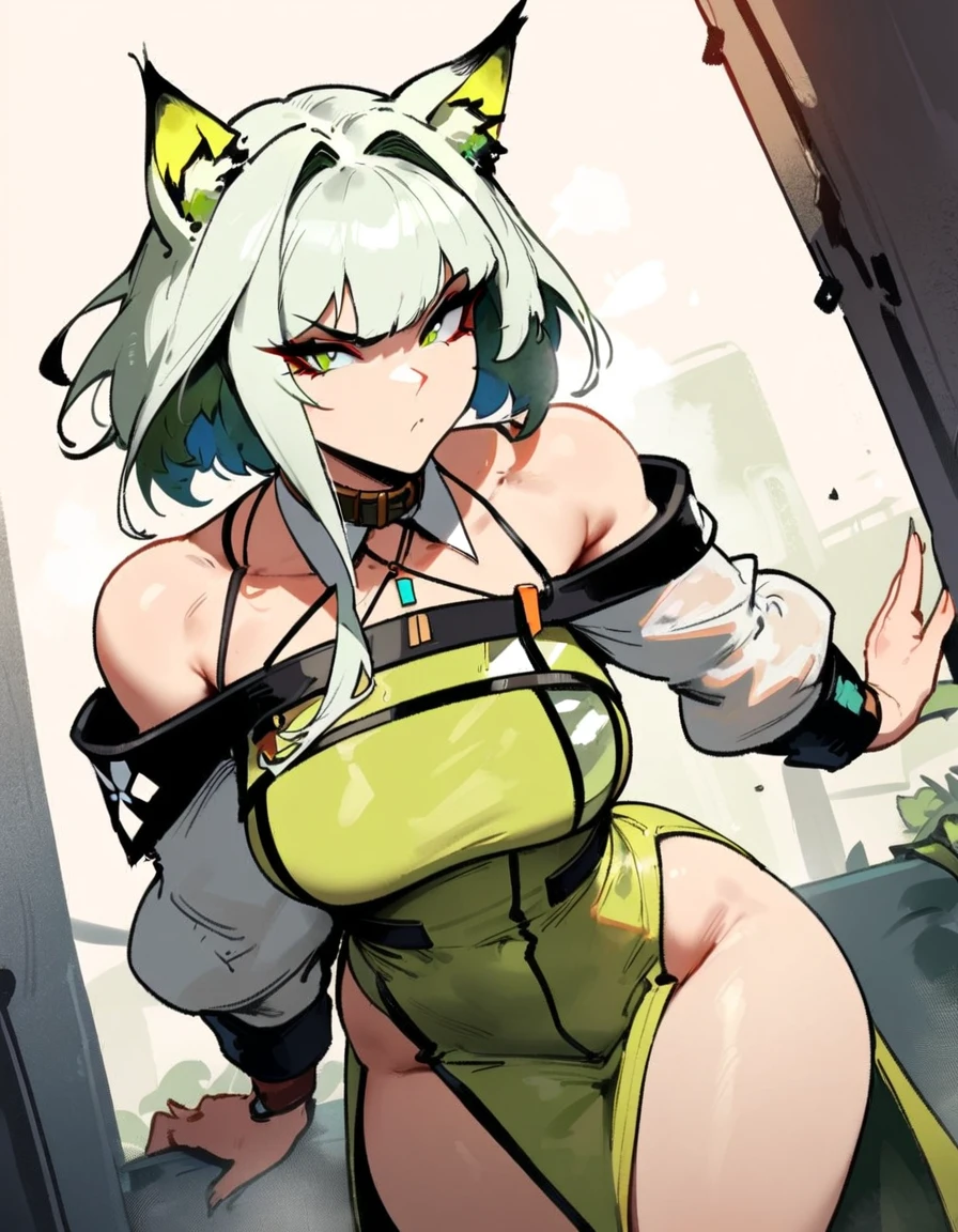 1girl, kal'tsit \(arknights\), arknights \\\\\ masterpiece, best quality, very aesthetic, absurdres, newest \\\\\\ slim body,///// ,by nyantcha,cutesexyrobutts , by khyle,,////// beautiful face, sexy, serious, angry, green eyes, animal ears, big tits, solo,assasin outfit