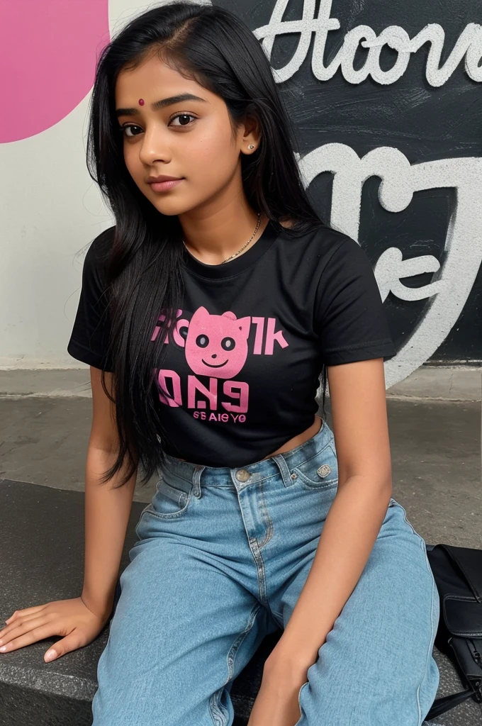 Teen girl sitting casually on top of "Instagram" logo. The character must wearing Ms_soumya_209 name printed tshirt. The background of the image is a social media profile page with a user name "Ms_soumya_209" and a profile picture of character, 3d