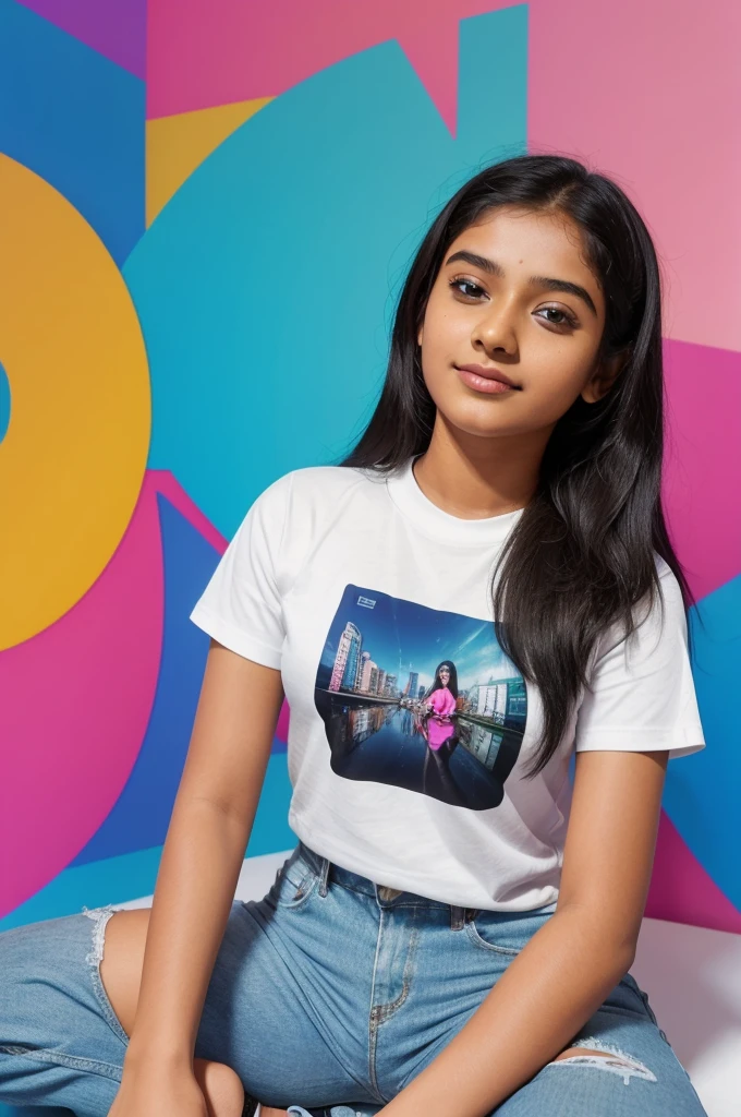 Teen girl sitting casually on top of "Instagram" logo. The character must wearing Ms_soumya_209 name printed tshirt. The background of the image is a social media profile page with a user name "Ms_soumya_209" and a profile picture of character, 3d