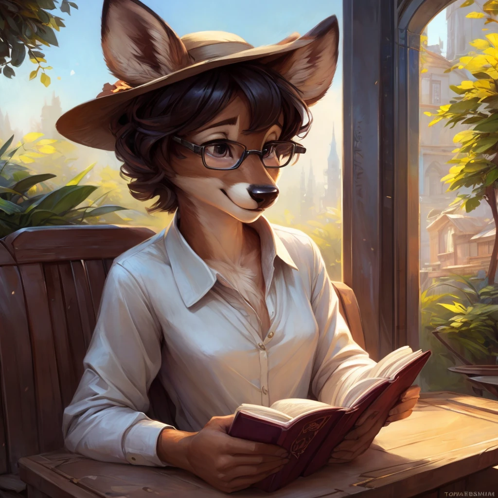 uploaded on e621, by Pixelsketcher, by Bayard Wu, by Thomas Benjamin Kennington , by Einshelm, by hioshiru and kenket, Chunie, portrait, solo anthro female deer doe, tiny featureless breasts, tiny breasts, clear dark blue, cinematic lighting, day, sunny day, sitting outside at a café, café background, french background, old french background, shiny, short curly dark brown hair, short hair, wears big black nerd glasses, very very beautiful furry art, furry art, thoughtful, shiny, feminine, cute face, muzzle, fluffy chest, flawless face, Fallow deer, 1girl, Sakimichan is beautiful, Masterpiece, Wavethesallow Face, shiny, Detailed image, portrait, Detailed image, portrait, wears pure white wide, big blouse, wears beige summer straw hat, shiny, realistic face, perfect anatomy, hourglass body, anthropomorphic deer, happy, very happy, small ears, huge black nerd glasses, wide happy eyes, look at viewer, smiles, big smile, holds with both hands a cup of coffee, hourglass body, (furry body:1.1), anthropomorphic deer, reading a book, small fluffy tail, detailed background, (cute anatomy:1.1), looks into the distance