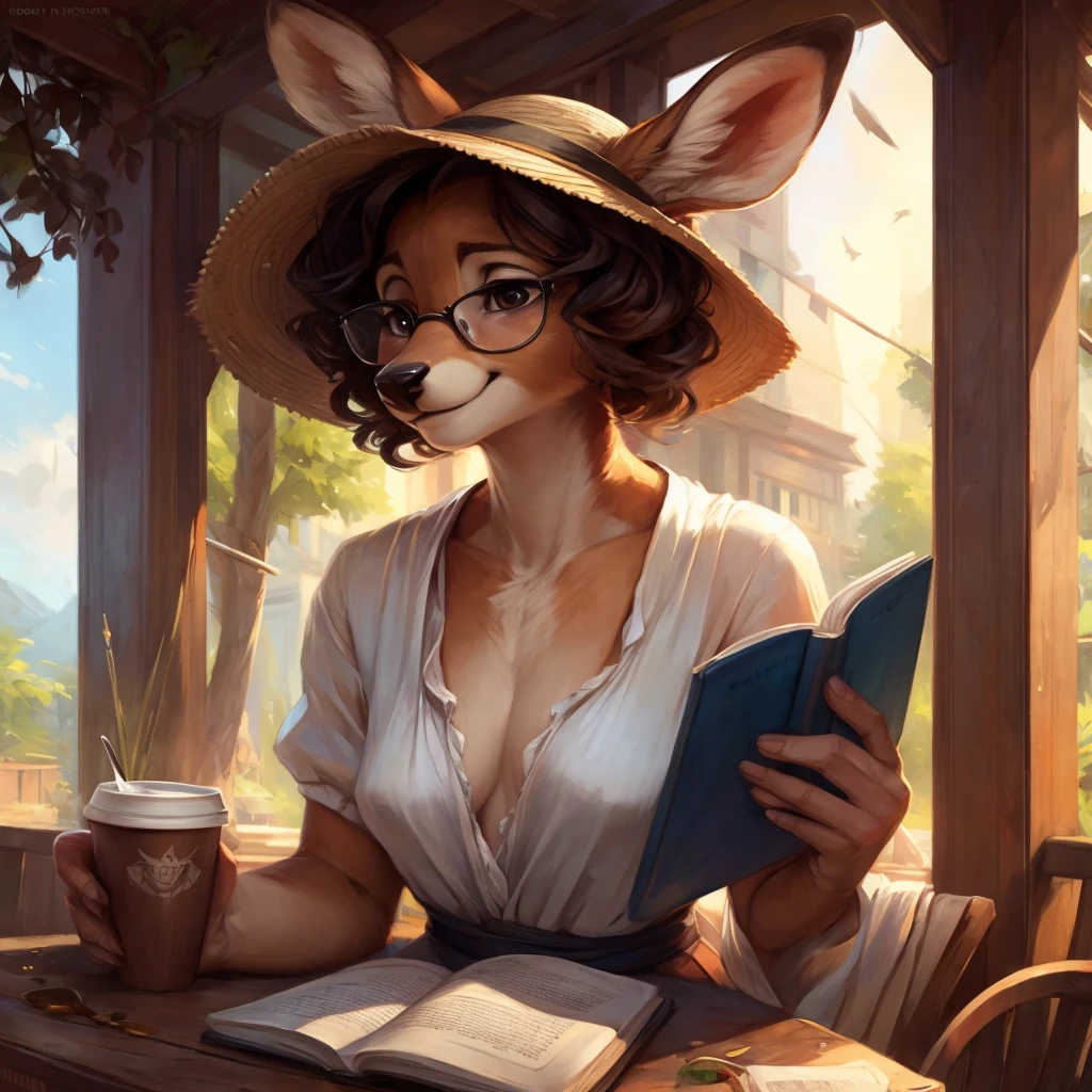 uploaded on e621, by Pixelsketcher, by Bayard Wu, by Thomas Benjamin Kennington , by Einshelm, by hioshiru and kenket, Chunie, portrait, solo anthro female deer doe, tiny featureless breasts, tiny breasts, clear dark blue, cinematic lighting, day, sunny day, sitting outside at a café, café background, french background, old french background, shiny, short curly dark brown hair, short hair, wears big black nerd glasses, very very beautiful furry art, furry art, thoughtful, shiny, feminine, cute face, muzzle, fluffy chest, flawless face, Fallow deer, 1girl, Sakimichan is beautiful, Masterpiece, Wavethesallow Face, shiny, Detailed image, portrait, Detailed image, portrait, wears pure white wide, big blouse, wears beige summer straw hat, shiny, realistic face, perfect anatomy, hourglass body, anthropomorphic deer, happy, very happy, small ears, huge black nerd glasses, wide happy eyes, look at viewer, smiles, big smile, holds with both hands a cup of coffee, hourglass body, (furry body:1.1), anthropomorphic deer, reading a book, small fluffy tail, detailed background, (cute anatomy:1.1), looks into the distance
