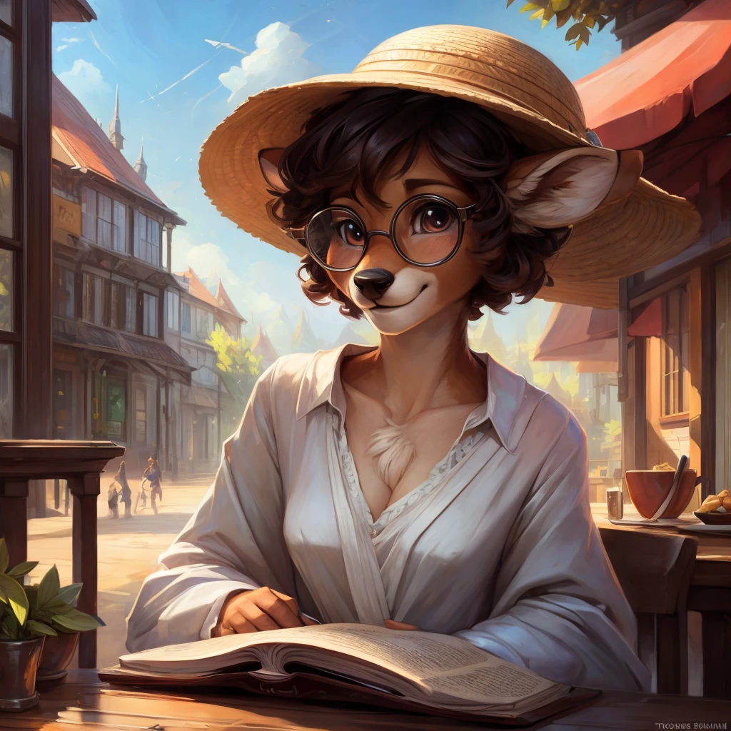 uploaded on e621, by Pixelsketcher, by Bayard Wu, by Thomas Benjamin Kennington , by Einshelm, by hioshiru and kenket, Chunie, portrait, solo anthro female deer doe, tiny featureless breasts, tiny breasts, clear dark blue, cinematic lighting, day, sunny day, sitting outside at a café, café background, french background, old french background, shiny, short curly dark brown hair, short hair, wears big black nerd glasses, very very beautiful furry art, furry art, thoughtful, shiny, feminine, cute face, muzzle, fluffy chest, flawless face, Fallow deer, 1girl, Sakimichan is beautiful, Masterpiece, Wavethesallow Face, shiny, Detailed image, portrait, Detailed image, portrait, wears pure white wide, big blouse, wears beige summer straw hat, shiny, realistic face, perfect anatomy, hourglass body, anthropomorphic deer, happy, very happy, small ears, huge black nerd glasses, wide happy eyes, look at viewer, smiles, big smile, holds with both hands a cup of coffee, hourglass body, (furry body:1.1), anthropomorphic deer, reading a book, small fluffy tail, detailed background, (cute anatomy:1.1), looks into the distance
