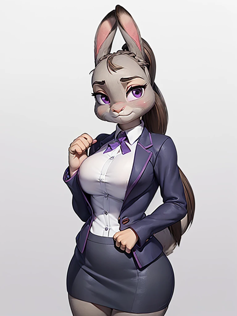 best quality,
masterpiece,
3D anime,
(((solo))),
(((1girl))),
(((Face is JudyHopps))),
(long ears like a rabbit:0.8),
Heir is in a ((ponytail)) style,
bang is feather ((bangs)),
((Her eyes color is purple)),
6.5 head and body,
office suit,
office business suit outfit
 ((office lady)),
 ((white blouse)) unbuttoned,
The lower body is wearing a skirt,
ears are drooping,
Navel exposed,
(outfit is made of wool:1.4),
((body is made of wool fabric)),
((body is gray with fluffy and fluffy)),
((skin is wool fabric with fluffy and fluffy)),
((She is blushing in the cheeks)),
looking embarrassed,
((troubled expression)),

clavicle is emphasized,
take off jacket