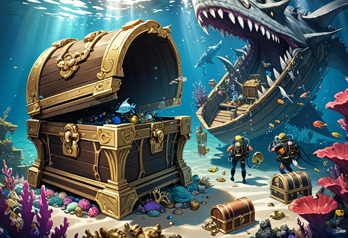 mimic, sunken ship on the ocean floor、A monster disguised as a treasure chest、The amount of jewelry overflowing from the box々、(Divers exploring)、Reality、Fantasy、