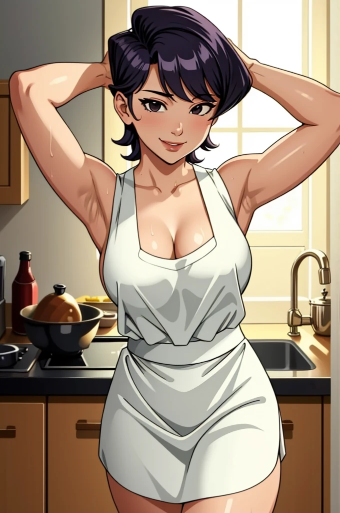 (masterpiece, best quality), intricate details, 1girl, medium breasts, komi shuuko, white apron, sleeveless, kitchen, seductive smile, cleavage, sweaty, arms up, detailed armpits