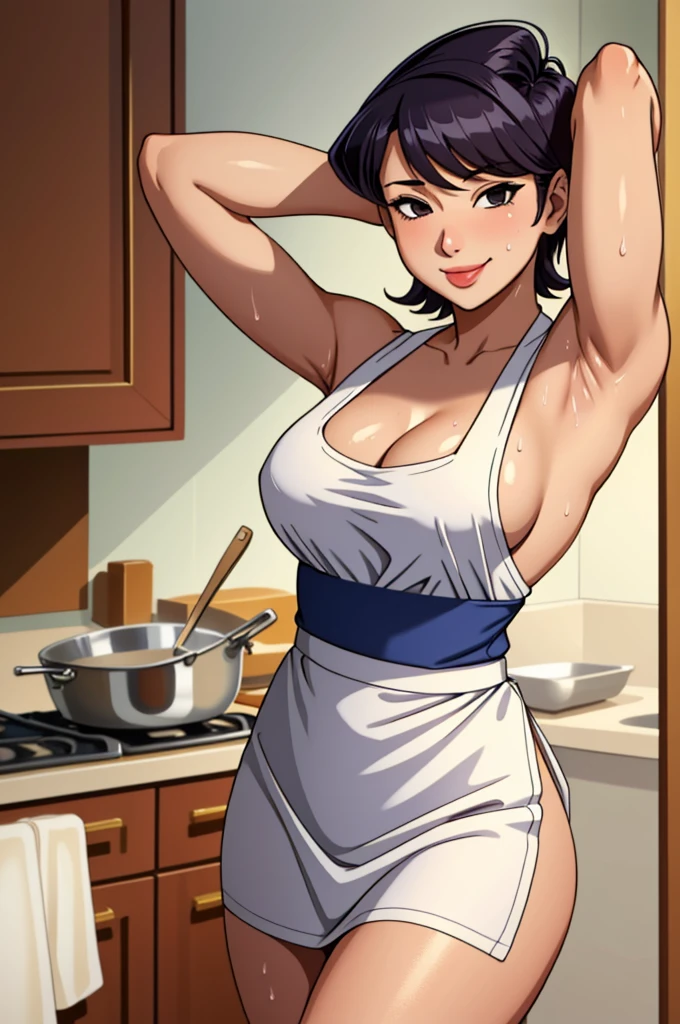 (masterpiece, best quality), intricate details, 1girl, medium breasts, komi shuuko, white apron, sleeveless, kitchen, seductive smile, cleavage, sweaty, arms up, detailed armpits