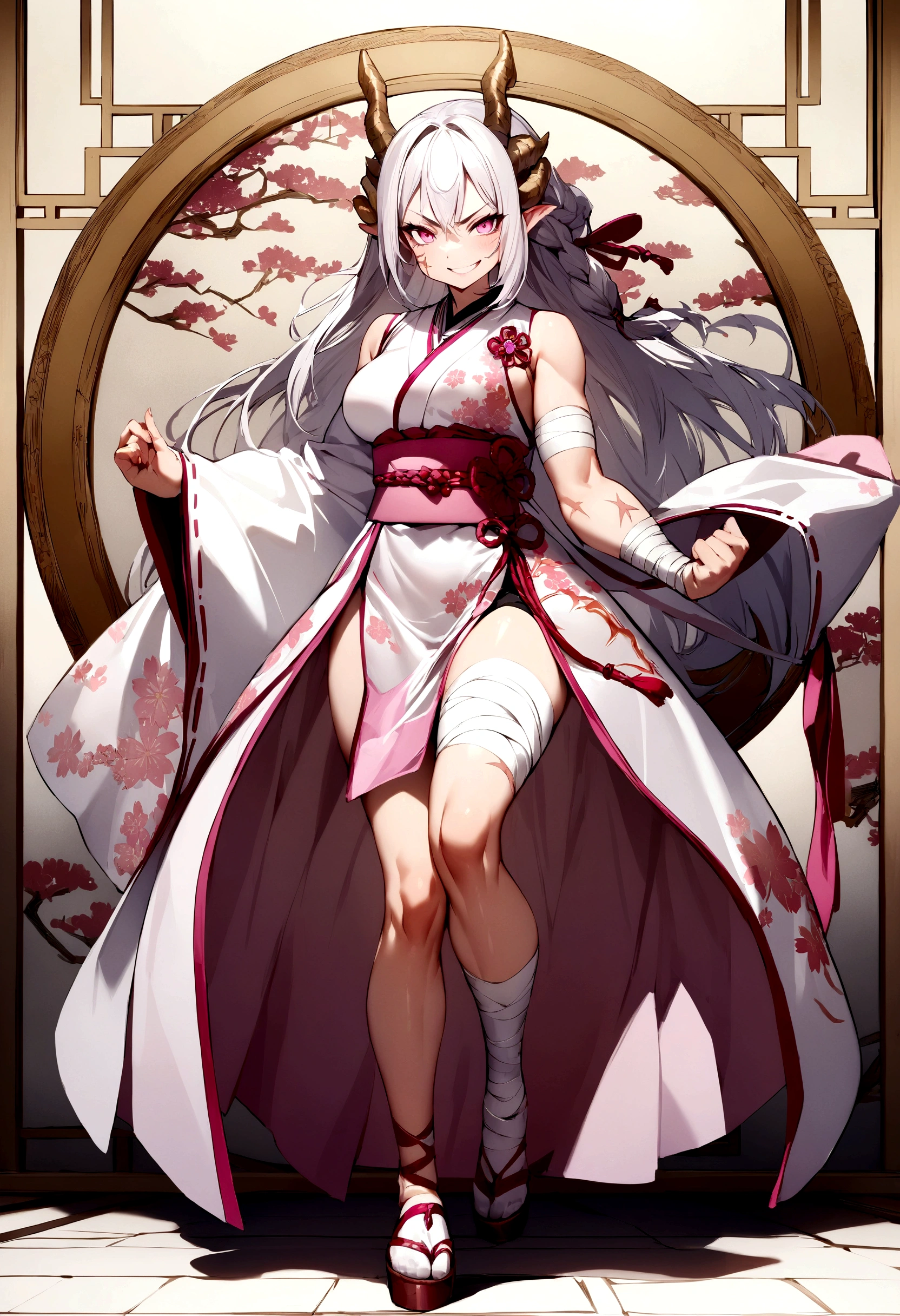 high quality, masterpiece, 1girl, cherry blossom dragon design, muscles, white shiny hair, dragon horns, pink eyes, braid on the right side, cherry blossom clothes, angry smile, scar on right cheek, bandages on the arms, full body, pink belt 