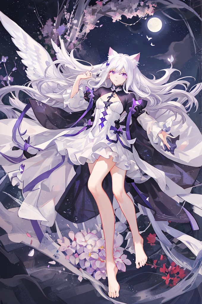 Watercolor-like,Faint and fleeting,A delicate and elegant girl, Long wavy hair that reaches the knees,White hair is very attractive, Detailed and precise manual work, Attractive girl, White cat ears, look at me, Purple eyes and white eyelashes,Her cheeks turned red,Big angel wings, A subject that stands out against the dark night sky,A girl surrounded by purple flowers, White Dress, Dramatic moonlight that makes your subject stand out,star,惑star, barefoot,Ankle decoration,floating、Night Sky Girl。