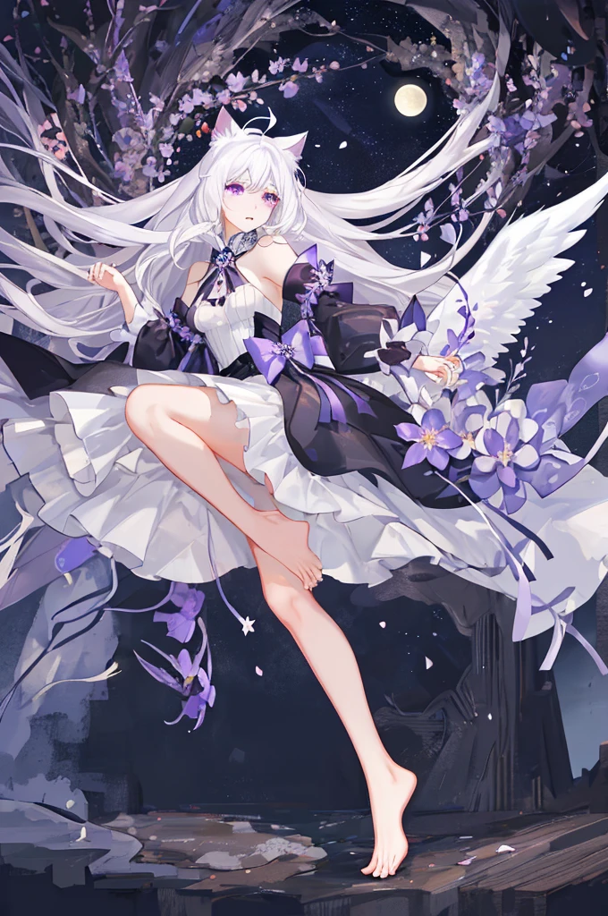 Watercolor-like,Faint and fleeting,A delicate and elegant girl, Long wavy hair that reaches the knees,White hair is very attractive, Detailed and precise manual work, Attractive girl, White cat ears, look at me, Purple eyes and white eyelashes,Her cheeks turned red,Big angel wings, A subject that stands out against the dark night sky,A girl surrounded by purple flowers, White Dress, Dramatic moonlight that makes your subject stand out,star,惑star, barefoot,Ankle decoration,floating、Night Sky Girl。