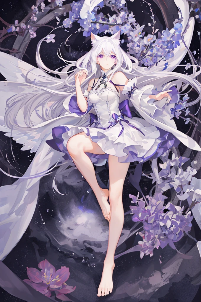 Watercolor-like,Faint and fleeting,A delicate and elegant girl, Long wavy hair that reaches the knees,White hair is very attractive, Detailed and precise manual work, Attractive girl, White cat ears, look at me, Purple eyes and white eyelashes,Her cheeks turned red,Big angel wings, A subject that stands out against the dark night sky,A girl surrounded by purple flowers, White Dress, Dramatic moonlight that makes your subject stand out,star,惑star, barefoot,Ankle decoration,floating、Night Sky Girl。