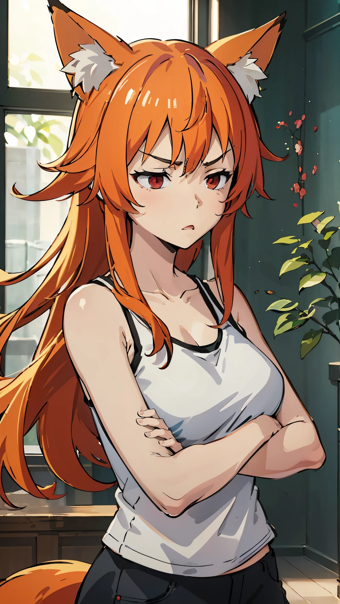 1girl, v-shaped eyebrows, wild long hair, orange hair, red eyes, fox ears, large breast, annoyed face, wallpaper, landscape, depth of field, morning, living room, glance left, crossed arms, light particles, light rays, sidelighting, (black tanktop:1.2),  