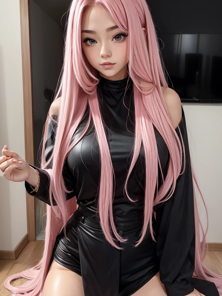 beautiful girl pink long hair . sexy black outfit