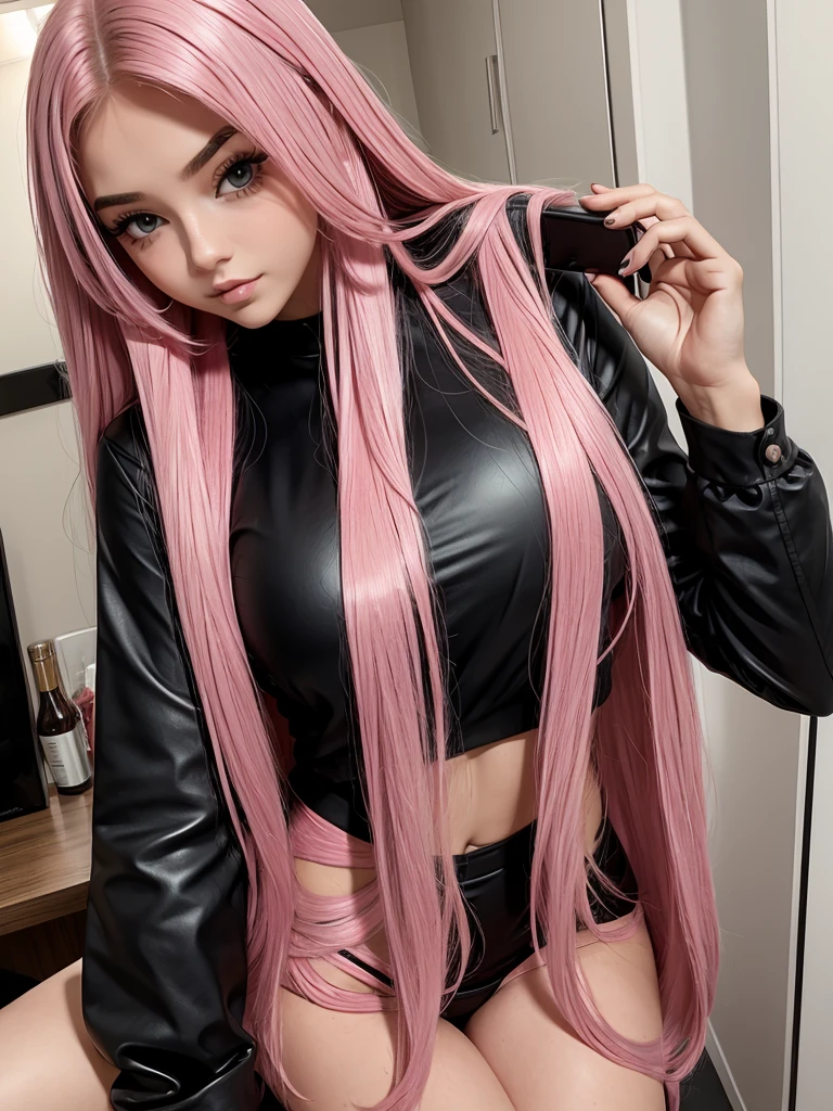 beautiful girl pink long hair . sexy black outfit