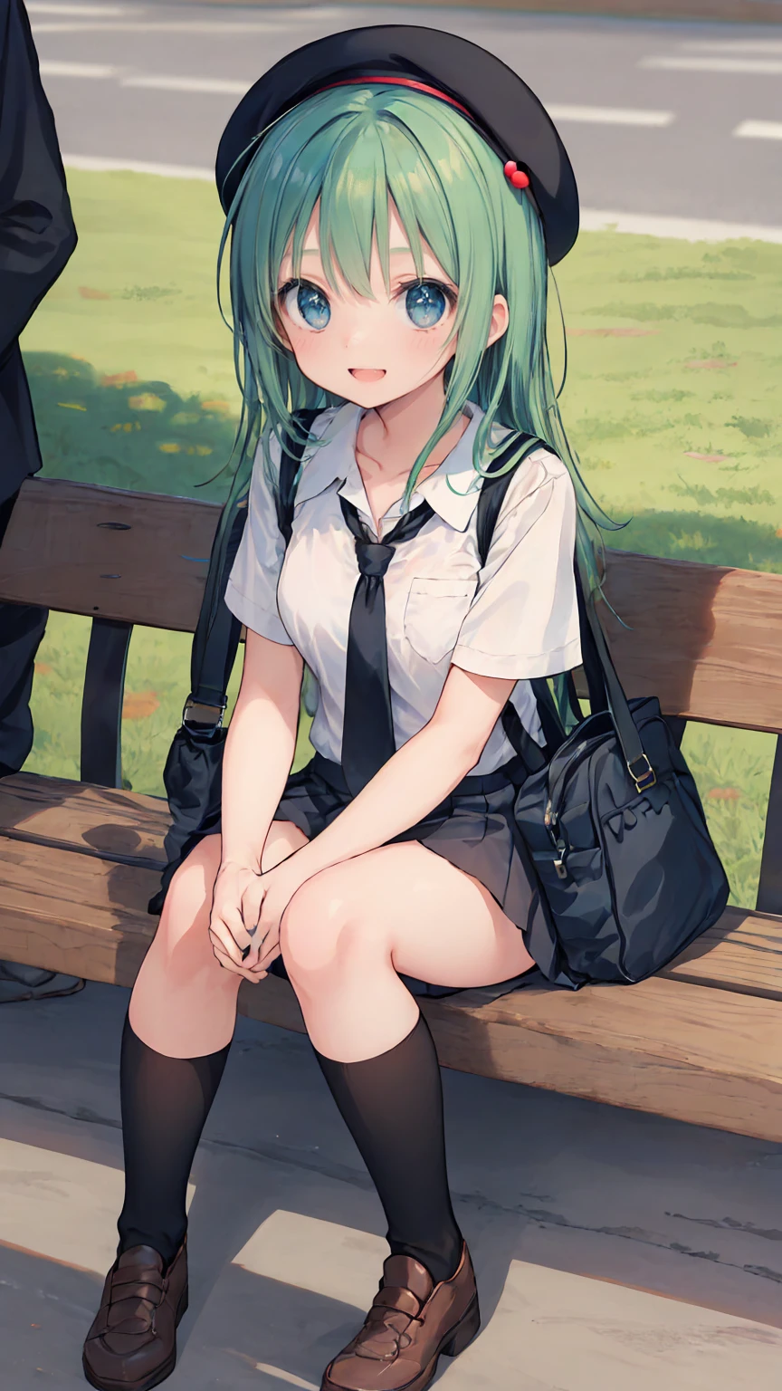 (masterpiece, highest quality), High resolution, Detailed face:1.2, (anime_style:1.2), Sharpness, 4K, A woman taking a photo, happy smile, Panic face, upset, Open your mouth, Long Hair, Green Hair, Straight hair, Fine skin, Beautiful Hands, Beautiful fingers, Wearing a beret, tie, Short sleeve blouse, Pleated skirt, school bag, Thighs, Absolute area, Knee socks, hand between legs, Hot summer day, School, Schoolyard, Sitting on a bench, holding Canned juice, Natural light, Sharp focus, Hasselblad Photography, Cinema Lighting, whole body, Canned juice,