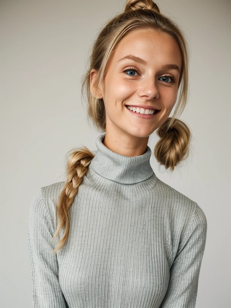 photo of a skinny cute innocent blonde teen submissive wife messy long hair thrown into a messy bun ponytail. She wears: (turtleneck high ribbed bright tight sweater:1.1), submissive seductive pose, high tight ribbed neck, seductive smile, perfect fake tits, turtleneck top, soaking wet clothes